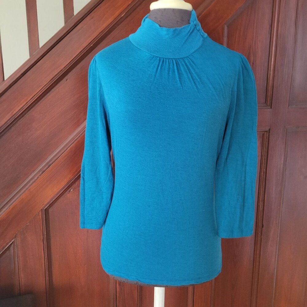 Banana Republic Womens Teal Mock Neck Long Sleeve Top Medium Tencel Wool Blend B